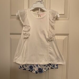 Shabby Chic White Ruffle Top & Blue Floral Short Set